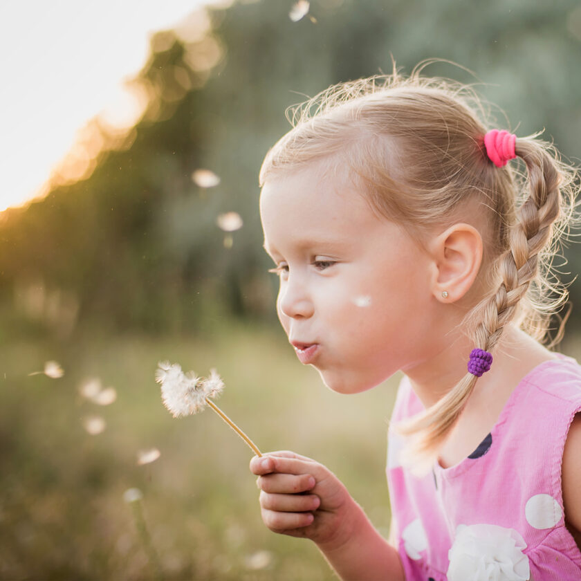 Flicka med flätor blåser på en maskros utomhus i solskenet.
