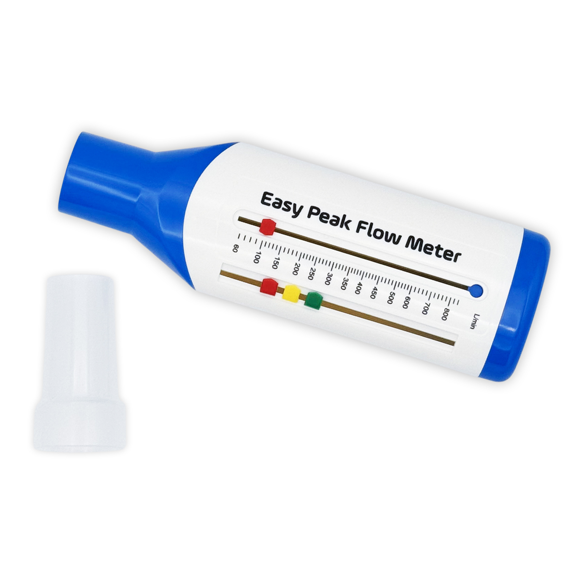 En blå och vit Easy Peak Flow Meter med ett avtagbart munstycke bredvid på en vit bakgrund.