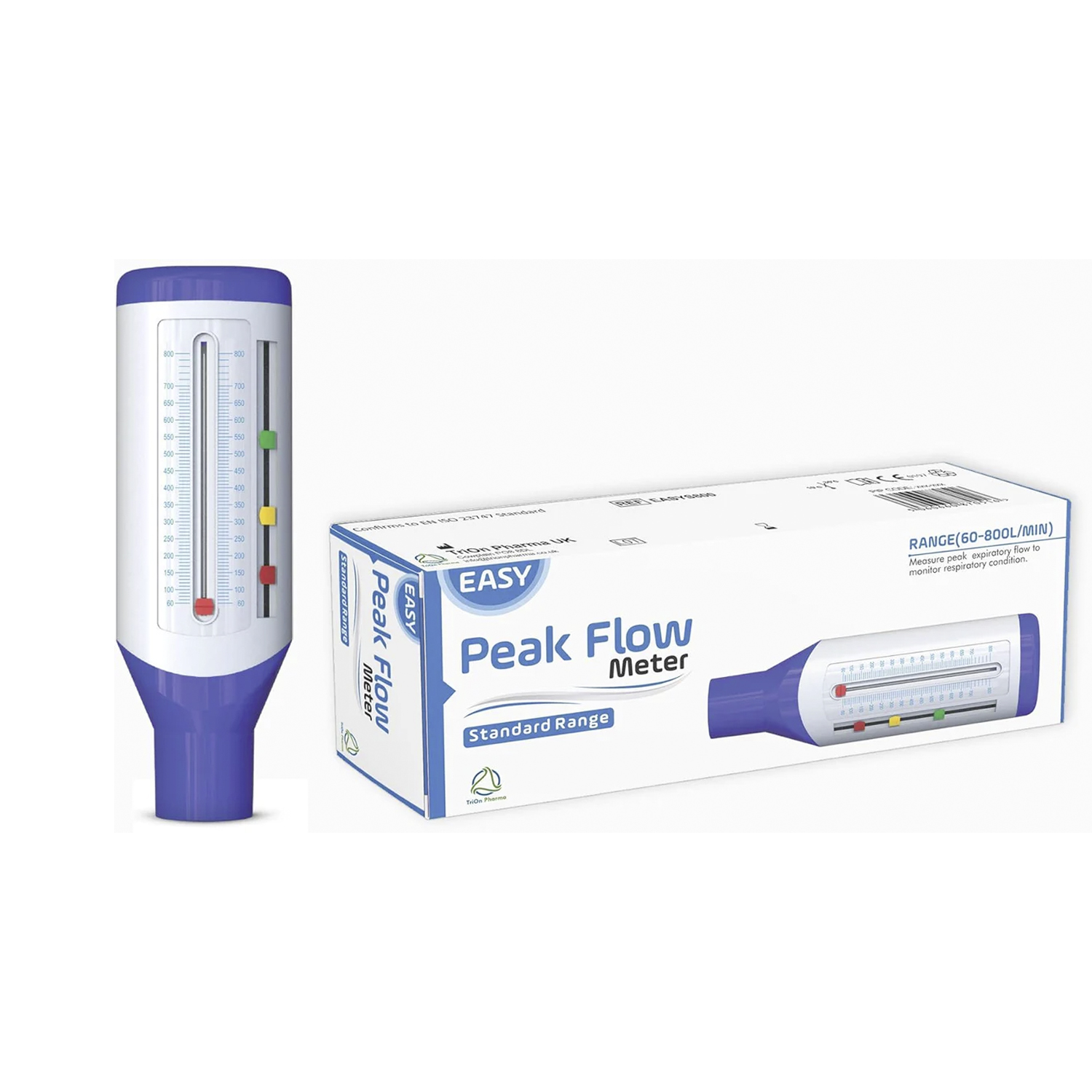 En peakflowmätare med ett blått munstycke och dess förpackningskartong märkt "Easy Peak Flow Meter Standard Range."