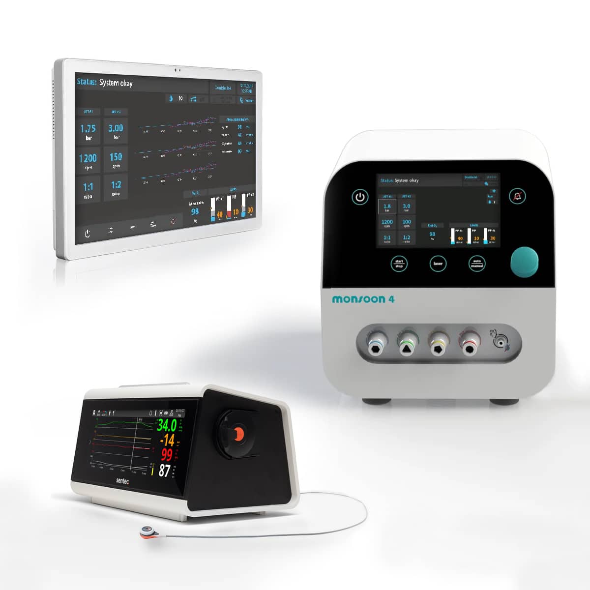 Tre moderna medicinska apparater med digitala skärmar som visar grafer, siffror och kontroller på en vit bakgrund.