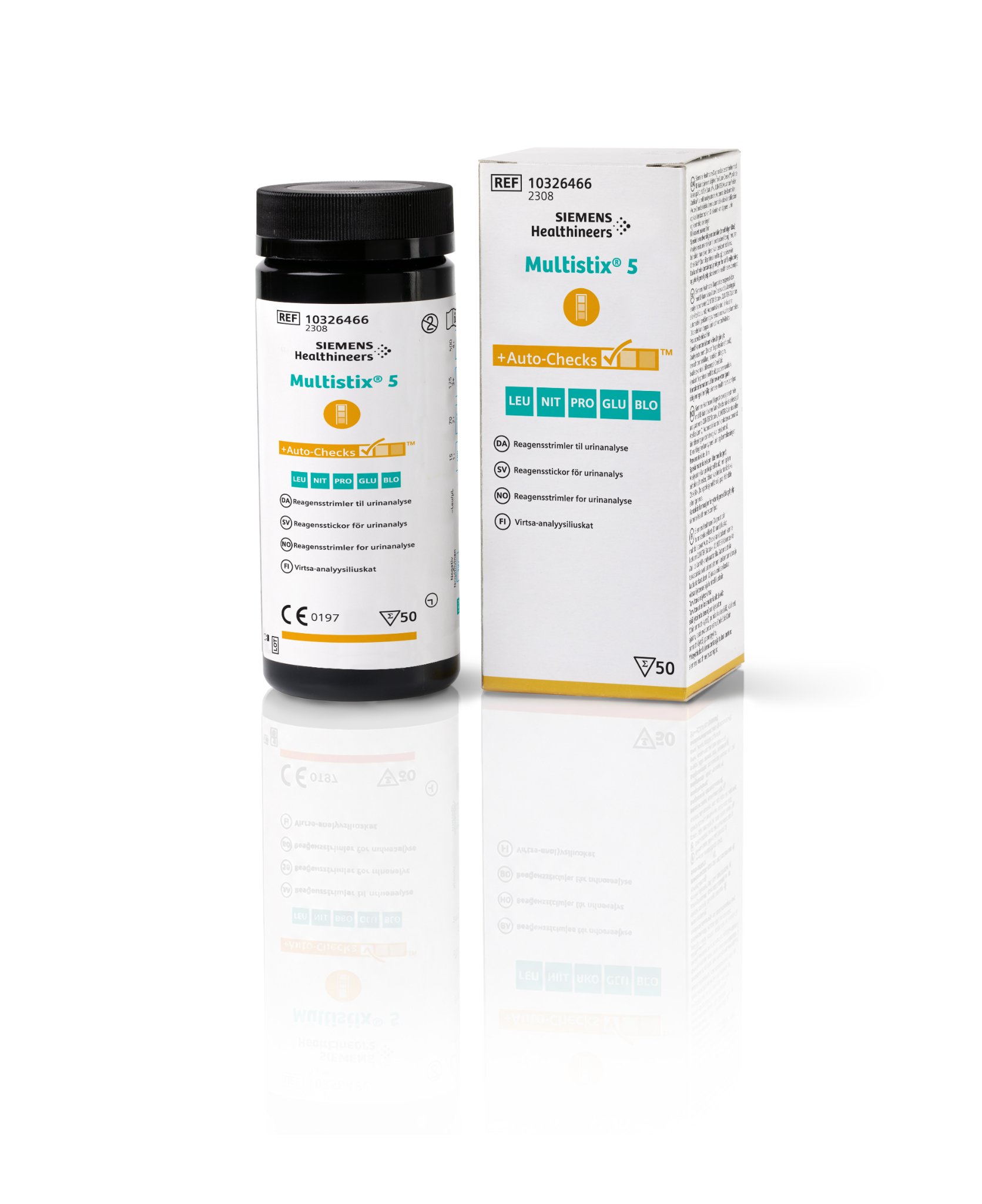 Siemens Multistix 5 urinprovstickor, behållare och förpackning med produktinformation och logotyper synliga.