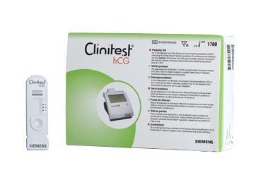 Clinitest hCG graviditetstestkit från Siemens med låda och testremsa synliga.