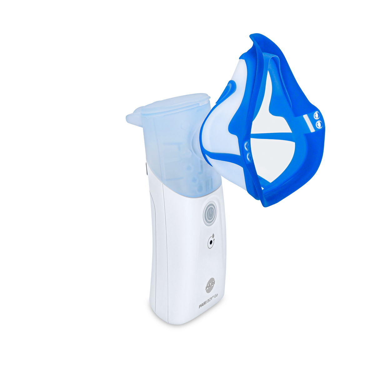 Bärbar nebulisator med ett blått och vitt ansiktsmaskfäste på en vit bakgrund.
