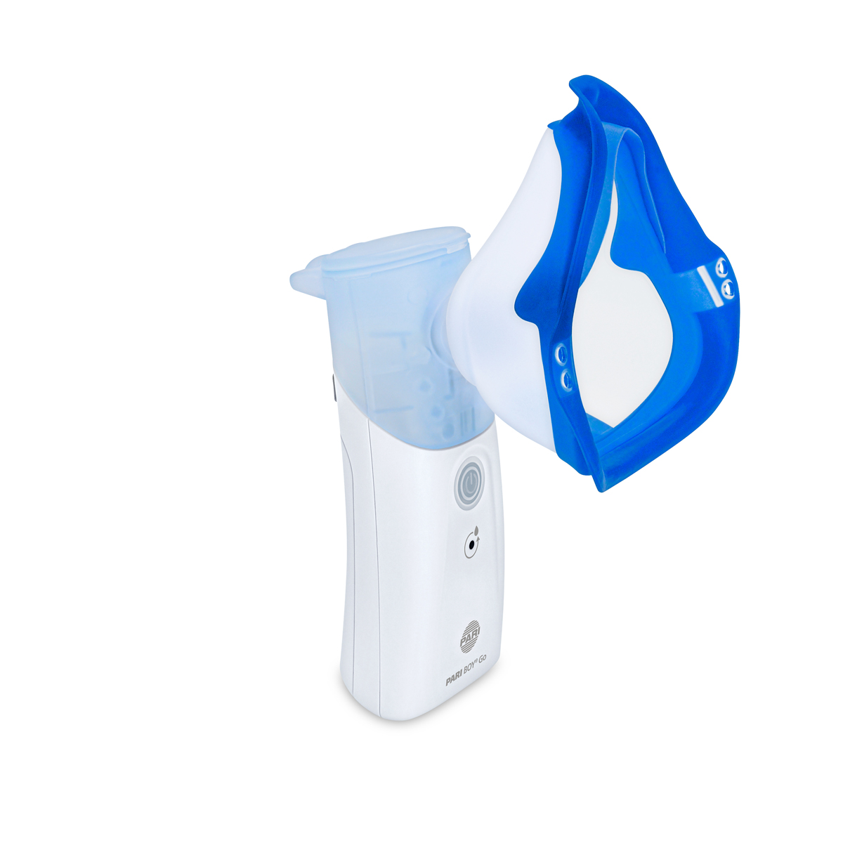 Portabel nebulisator med blått och vitt maskanslutning, designad för andningsbehandlingar.